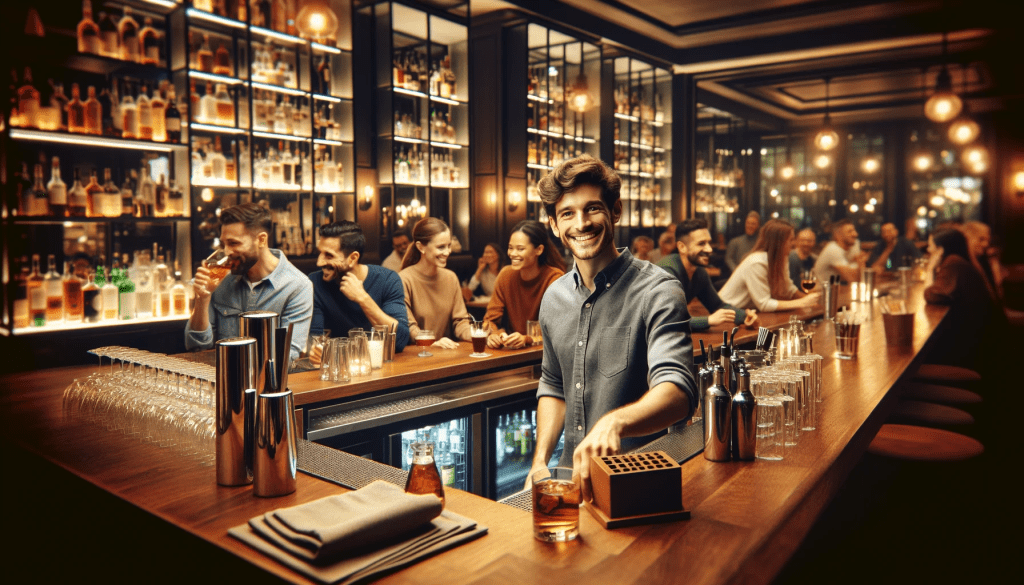 야경 속의 매력 도심의 트렌디한 바에서 일하는 바텐더의&nbsp;하루
